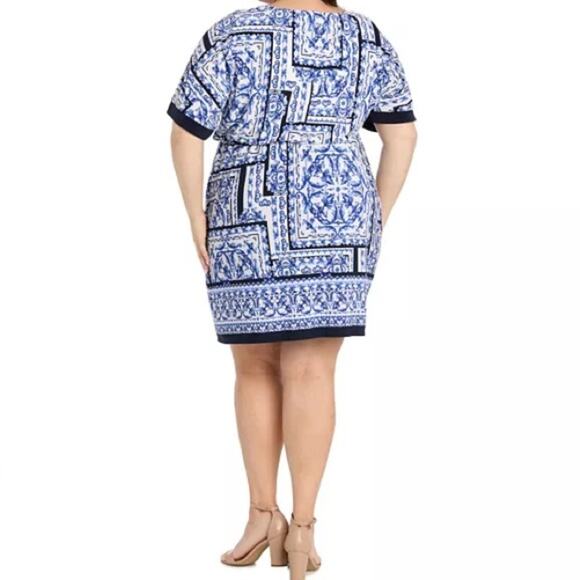 R & M Richards Plus Size Printed Blouson A-Line Dress White/Denim Sz 20W - Picture 5 of 10